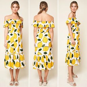 + Sugar Lips Dress M White Lemon Print Pucker Up Off The Shoulder Maxi